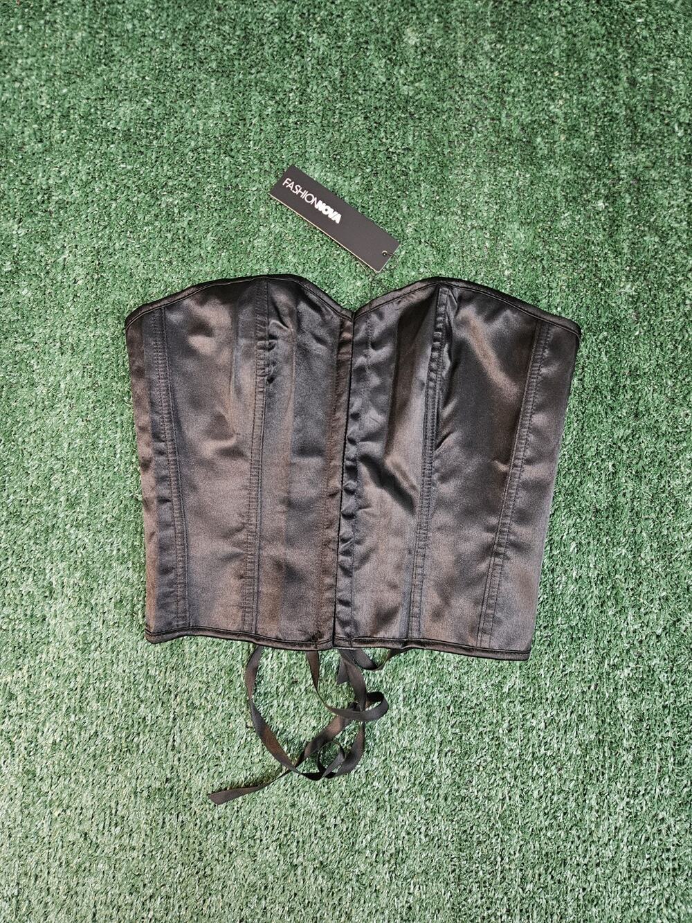NWT Fashion Nova Black Never Miss Satin Lace-Up Corset Size Small